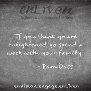 Quote on enLiven Wellness Life Coaching chalkboard reading, "If you think are enlightened, go spend a week with your family." - Ram Dass. Life Coach Toledo Todd Smith Blissfield