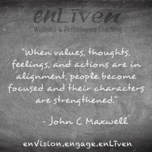 John C Maxwell quote on enLiven Wellness Life Coaching chalkboard reading, "When values, thoughts, feelings, and actions are in alignment, people become focused and their characters are strengthened." Todd Smith Blissfield Life coach Toledo