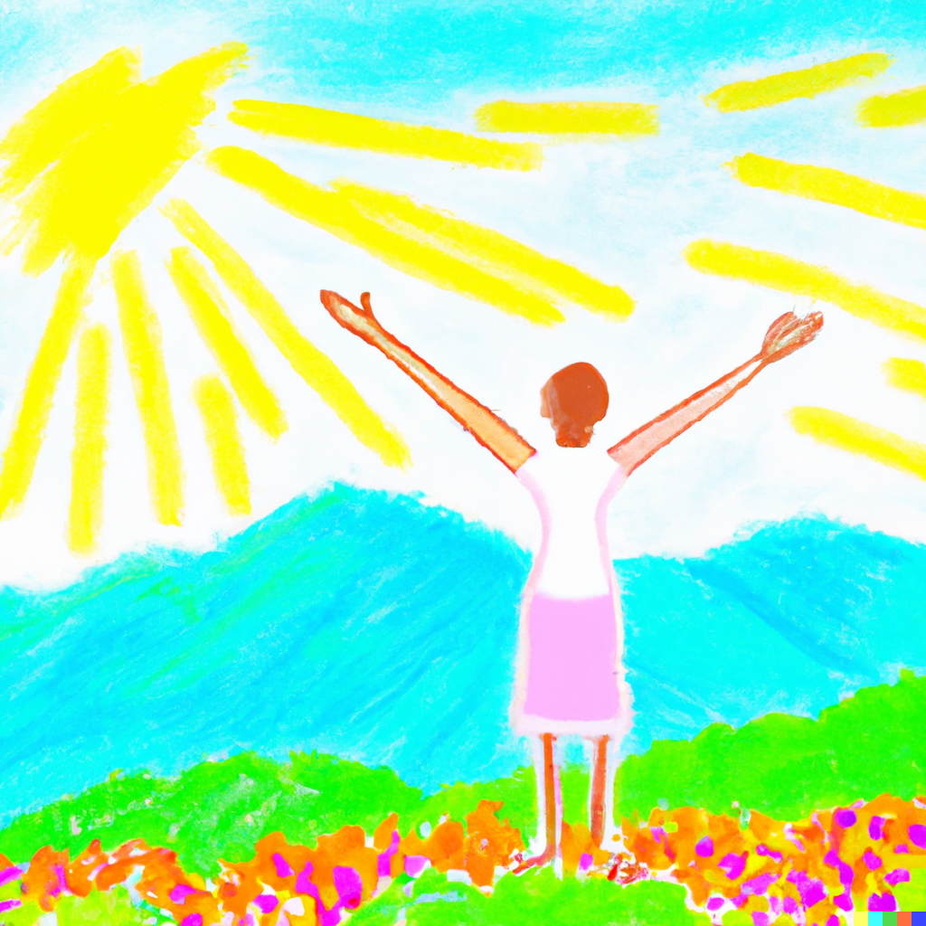 a watercolor image of a person standing on a hilltop with arms spread wide and a bright sun shining behind them.