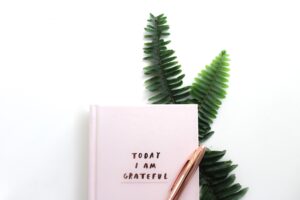 Image of a journal and fern as a reminder to practice gratitude