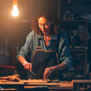 An image of a woman totally engaged in a woodworking project.